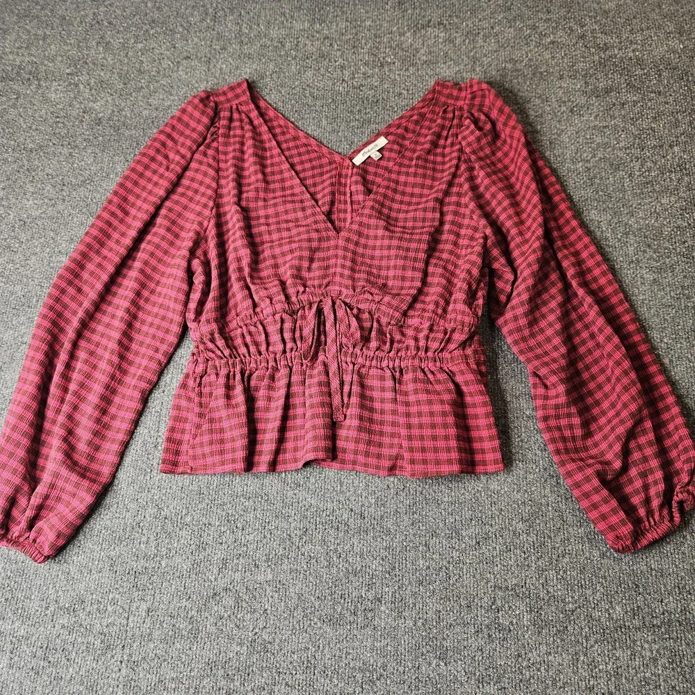 Madewell‎ Saffi Top Longsleeve Peplum Check Puff Sleeve Size Medium